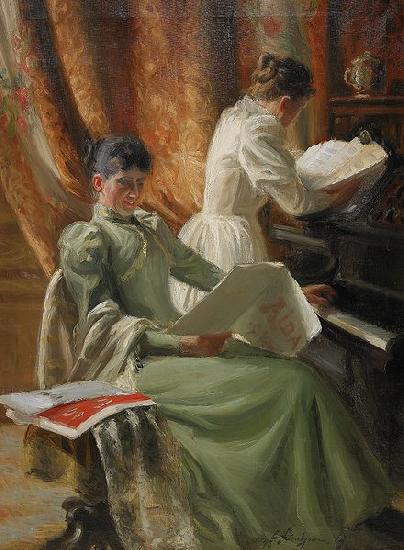Emil Lindgren Interior med musicerande kvinnor vid pianot oil painting image